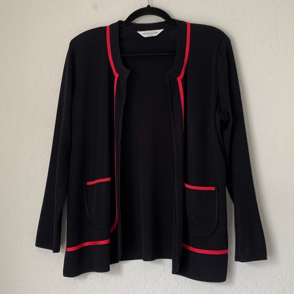 Misook Cardigan Women Large Petite Black Pink Trim Knit Open Front Quiet Luxury